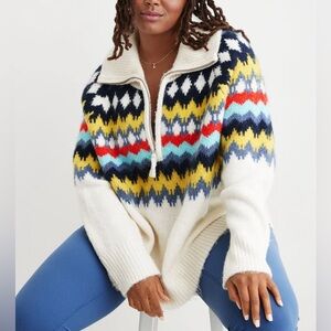Aerie Fairisle Quarterzip Multicolor Patterned Sweater, size XS, GREAT condition